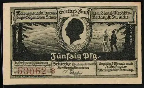 Notgeld Schierke, 50 Pfennig, Goethe-Profil und Landschaftsszene, Seriennummer 53062, Gebäude im Harz