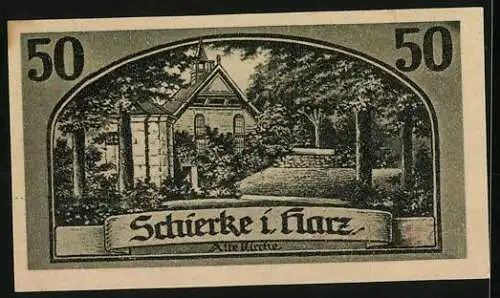 Notgeld Schierke, 50 Pfennig, Goethe-Profil und Landschaftsszene, Seriennummer 53062, Gebäude im Harz
