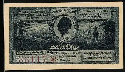 Notgeld Schierke 1921, 10 Pfennig, Goethes Faust, Brockenfels, Waldlandschaft, Seriennummer 33117