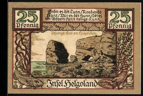 Notgeld Helgoland 1921, 25 Pfennig, Felsenmotiv und Wappen mit Meeresbewohnern, Seriennummer 67628