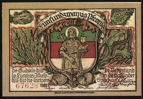 Notgeld Helgoland 1921, 25 Pfennig, Felsenmotiv und Wappen mit Meeresbewohnern, Seriennummer 67628