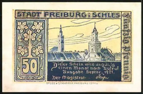 Notgeld Freiburg 1921, 50 Pfennig, Alte Burg und Stadtansicht mit Türmen
