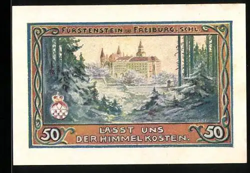 Notgeld Freiburg 1921, 50 Pfennig, Schloss Fürstenstein und Stadtansicht mit Kirchen, Wappen und Pflanzenmotiv