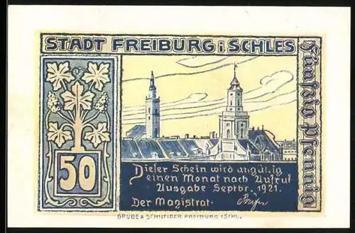 Notgeld Freiburg 1921, 50 Pfennig, Stadtansicht mit Türmen und Landschaft mit Wanderern und Bus