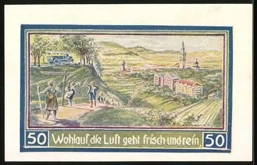 Notgeld Freiburg 1921, 50 Pfennig, Stadtansicht mit Türmen und Landschaft mit Wanderern und Bus