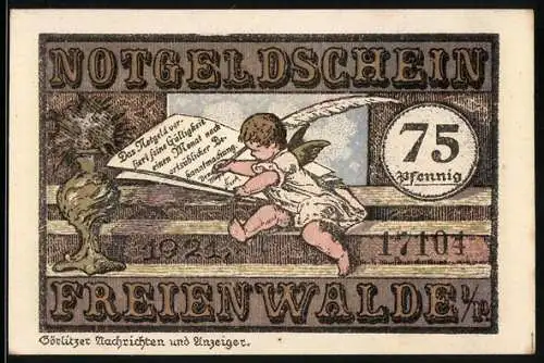 Notgeld Freienwalde 1921, 75 Pfennig, Putto mit Flügel und Stadtansicht, Seriennummer 17104, Wappen