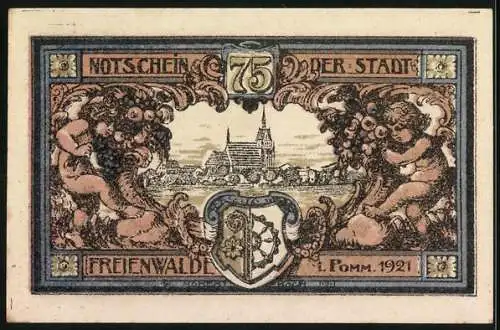 Notgeld Freienwalde 1921, 75 Pfennig, Putto mit Flügel und Stadtansicht, Seriennummer 17104, Wappen