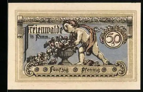 Notgeld Freienwalde 1921, 50 Pfennig, Putto mit Früchten und Schriftrolle, Seriennummer 17121