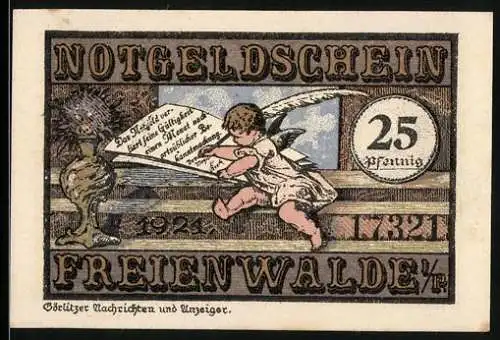 Notgeld Freienwalde 1921, 25 Pfennig, Engel mit Schriftrolle und Ritter mit Wappen