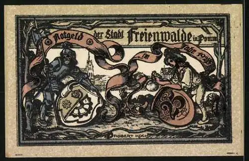 Notgeld Freienwalde 1921, 25 Pfennig, Engel mit Schriftrolle und Ritter mit Wappen
