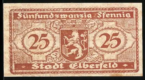 Notgeld Elberfeld, 25 Pfennig, Löwenwappen, Seriennummer 054269, Stadtwappen und Verzierungen