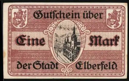 Notgeld Elberfeld 1918, 1 Mark, Stadtansicht, Seriennummer, Wappen