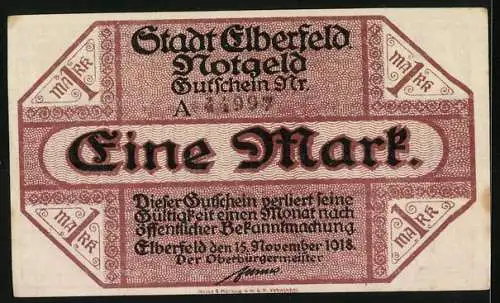 Notgeld Elberfeld 1918, 1 Mark, Stadtansicht, Seriennummer, Wappen