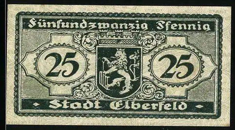 Notgeld Elberfeld 1919, 25 Pfennig, Löwenwappen, Seriennummer 302652, Löwenfiguren und Flaschenmotive