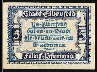 Notgeld Elberfeld 1920, 5 Pfennig, dekorativer Schriftzug und Ornamentik