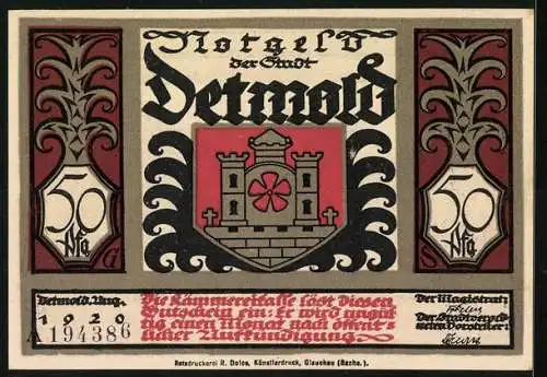 Notgeld Detmold 1920, 50 Pfennig, Silhouetten von Gefangenen, Stadtwappen und Seriennummer 194386