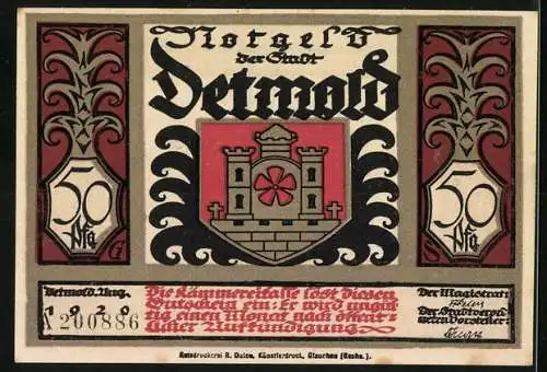 Notgeld Detmold, 50 Pfennig, Fürst Herrmann Silhouette und Stadtwappen, Seriennummer 200886