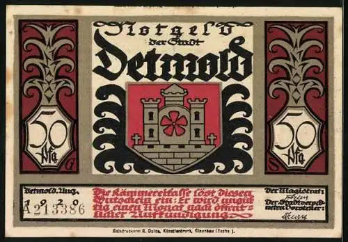 Notgeld Detmold, 50 Pfennig, Hermannsdenkmal-Silhouette und Stadtwappen, Seriennummer A213386