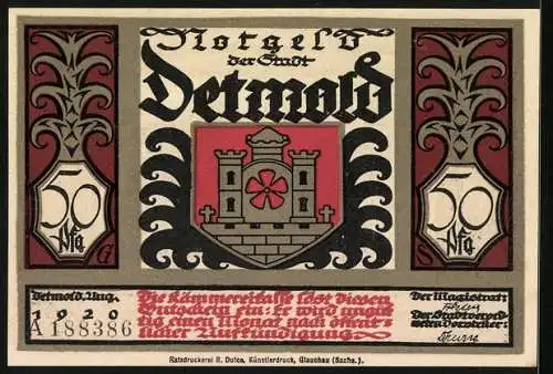 Notgeld Detmold 1920, 50 Pfennig, Silhouetten von Soldaten, Stadtwappen und Seriennummer A 188386