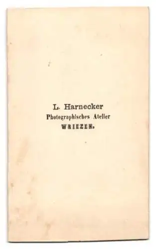 Fotografie L. Harnecker, Wriezen, niedlicher kleiner Knabe mit Pferd auf Rollen und Gerte