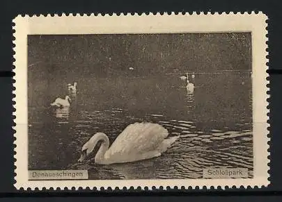 Reklamemarke Donaueschingen, Schlosspark, Schwäne im Wasser