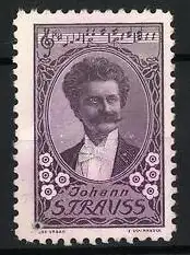 Reklamemarke Johann Strauss, Porträt mit Noten und Blumenornamenten