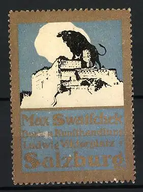 Reklamemarke Salzburg, Max Swatscheck, Buch - und Kunsthandlung, Stier auf Festung