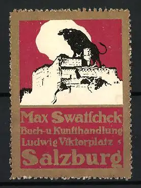 Reklamemarke Salzburg, Max Swatschek Buch-u Kunsthandlung, Festung mit Stier