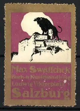 Reklamemarke Salzburg, Max Swatscheck Buch- u. Kunsthandlung, Stier auf Burg