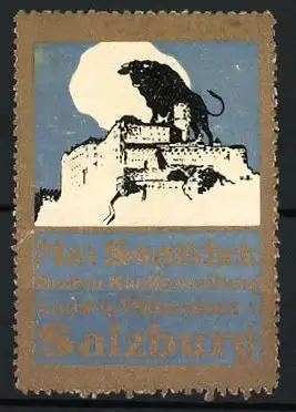 Reklamemarke Salzburg, Max Swatscheck Buch- u. Kunsthandlung, Stier auf Burg