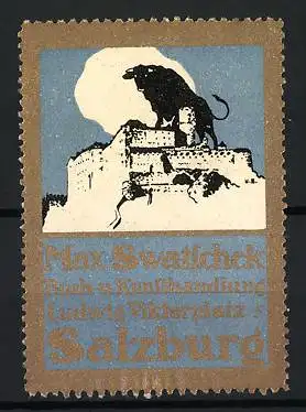 Reklamemarke Salzburg, Max Swatscheck Buch- u. Kunsthandlung, Stier auf Burg