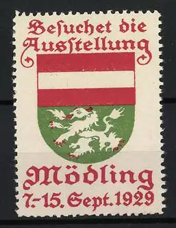 Reklamemarke Mödling, Besuchet die Ausstellung, Wappen mit Löwe, 7-15. Sept. 1929