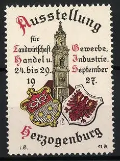 Reklamemarke Herzogenburg, Ausstellung Landwirtschaft Gewerbe Handel 1927, Turm und Wappen