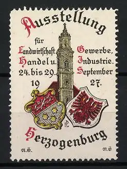 Reklamemarke Herzogenburg, Ausstellung Landwirtschaft Gewerbe 1927, Wappen und Turm