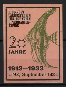 Reklamemarke Linz, 20 Jahre I. Ob.-Öst. Landesverein, Fischzeichnung, 1933