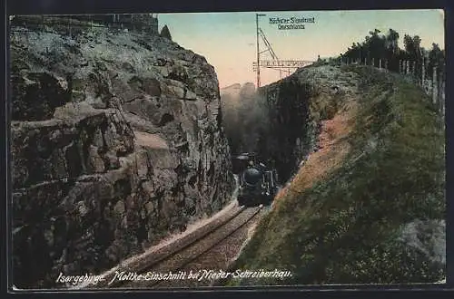 AK Nieder-Schreiberhau, Moltke-Einschnitt im Isergebirge, Eisenbahn & Signalmast