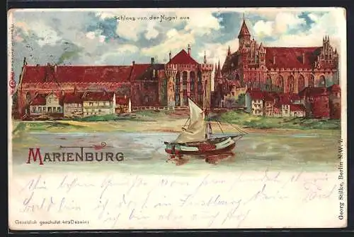 Lithographie Marienburg, Schloss von der Nogat aus