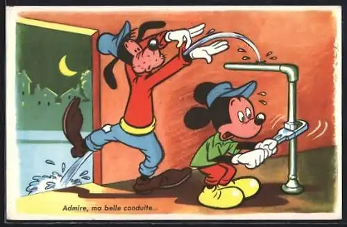 AK Mickey und Goofy schrauben nachts an einen Wasserrohr, Comic von Walt Disney