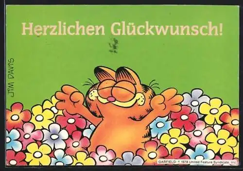 AK Garfield zwischen bunten Blumen, Glückwunsch, Comic