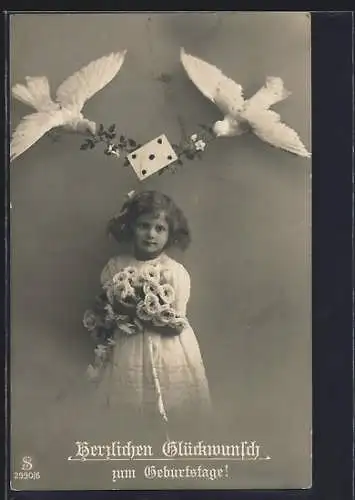 Foto-AK L.J. & F.F. Nr. 2990 /6: Weisse Tauben mit Brief über Mädchen, Geburtstagsgruss