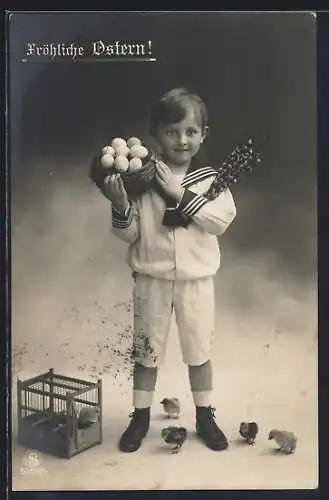 Foto-AK L.J. & F.F. Nr. 5056 /4: Junge im Matrosenhemd mit Osterkorb, Ostergruss