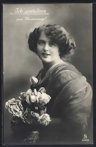 Foto-AK L.J. & F.F. Nr. 3586 /6: Junge Frau mit Rosen, Namenstagsgruss