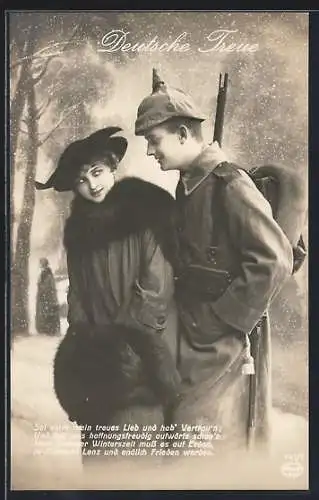 Foto-AK Amag Nr. 741 /1: Deutscher Soldat in Uniform mit seiner Liebsten in Winterkleidung im Arm