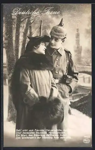 Foto-AK Amag Nr. 741 /2: Deutscher Soldat in Uniform mit seiner Liebsten in Winterkleidung im Arm