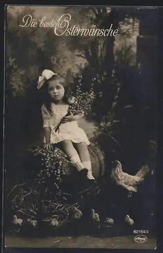 Foto-AK Amag Nr. 62164 /1: Junges Mädchen mit Weidenkätzchen und Hühnerfamilie im Wald, Osterkarte