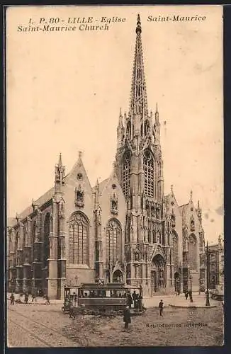 AK Lille, Eglise Saint-Maurice, Strassenbahn