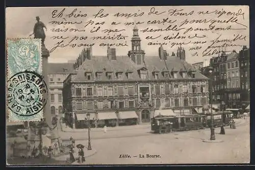 AK Lille, La Bourse, Strassenbahn