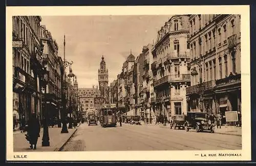 AK Lille, La Rue Nationale, Strassenbahn