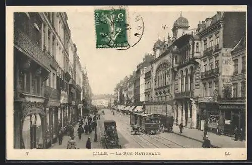 AK Lille, La rue Nationale, Strassenbahn, Le Mailleur Café