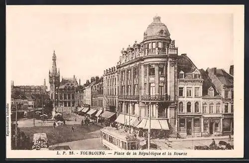 AK Tourcoing, Place de la République, Strassenbahn